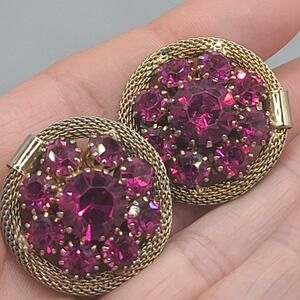 Vintage Weiss Earrings Pink Rhinestone Mesh Signed Clip Ons